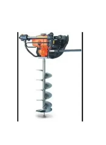Gas-powered auger drill for digging; orange and black motor on a gray auger bit.