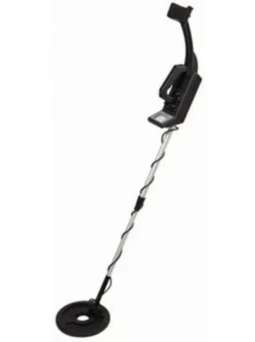 Metal detector with a round black coil at the bottom, a display, and a handle.