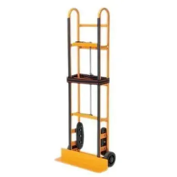 Yellow and black hand truck for moving items, standing upright.