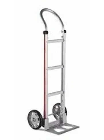 Hand truck with two wheels and a curved handle, made of silver metal.