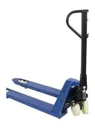 Blue manual pallet jack with black handle, for moving heavy loads in a warehouse.