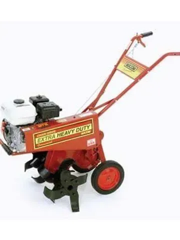 Red and black gas-powered tiller, with a white gas tank, in a studio setting.