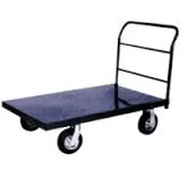 Black metal platform cart with handle and four wheels.