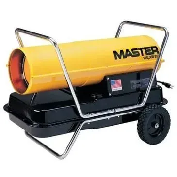 Yellow Master kerosene heater with black base, wheels, and handle in an outdoor setting.