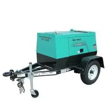 Mobile generator on a trailer; green and black, with a single wheel.