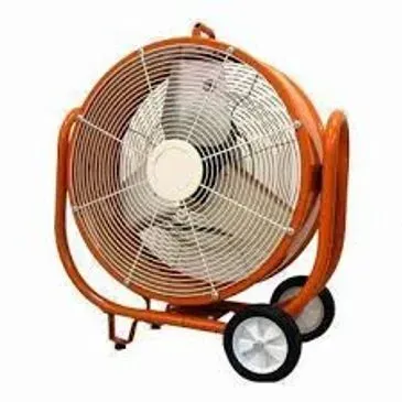 Orange industrial fan with white blades and wheels.