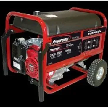 Red and black Powermate generator with a Honda engine, wheels, and control panel.