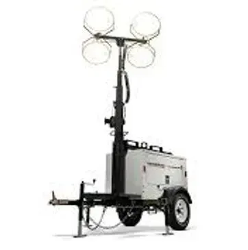 Mobile light tower, white, with four lamps atop an extendable mast.  Attached to a trailer for portability.