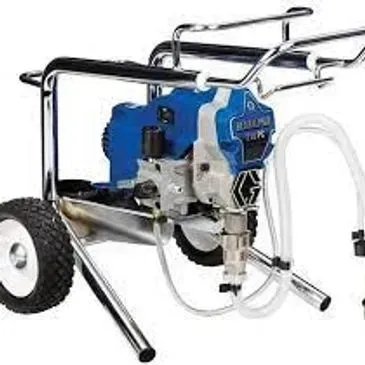 Blue and silver airless paint sprayer on wheels.