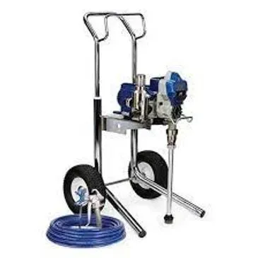 Paint sprayer on a wheeled cart with a hose and blue paint can, ready for use.