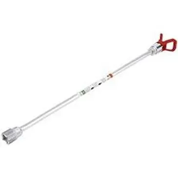 Paint spray extension pole with a red handle, and silver tube.