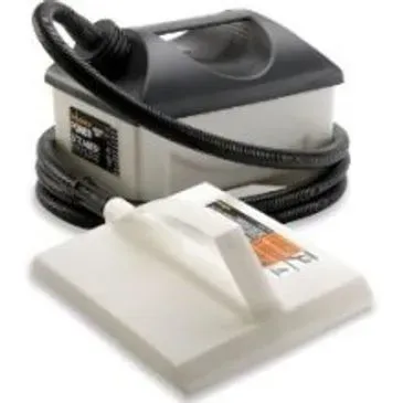 A wallpaper steamer, light-colored with black hose coiled around a white base.