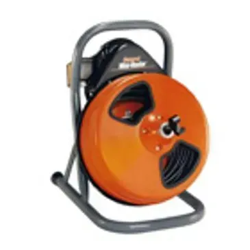 Orange and black drain snake machine on a gray metal stand.