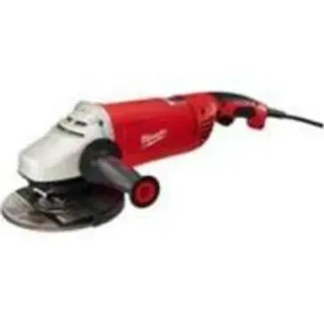 Red and gray Milwaukee angle grinder with a side handle, resting on a white surface.