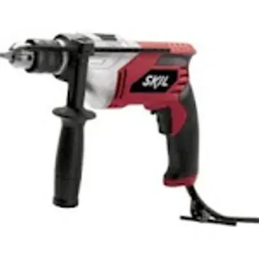 Red and black Skil drill with black handles and power cord.