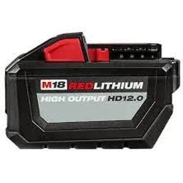 Black and red Milwaukee M18 Red Lithium HD12.0 battery pack.