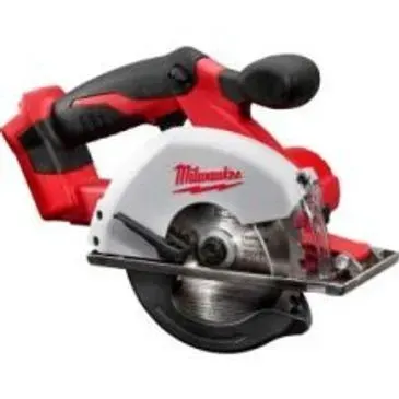 Red and black Milwaukee cordless circular saw with a silver blade, ready to cut.