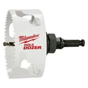 White Milwaukee Hole Dozer hole saw with black pilot drill and arbor; for cutting circular holes.