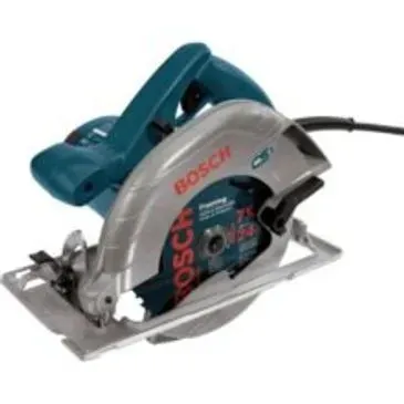 Bosch circular saw, teal and silver, angled view, with blade guard and handle.