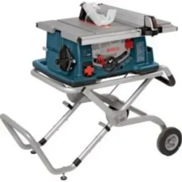 Bosch table saw on a rolling stand, teal and gray.