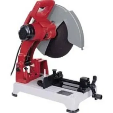 Red and gray metal chop saw, used to cut metal.