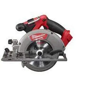 Milwaukee cordless circular saw with a red handle and silver blade.