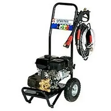 Gas-powered pressure washer on wheels with black frame, engine, and accessories; a hose is coiled on top.