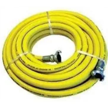 Yellow coiled air hose with metal fittings.
