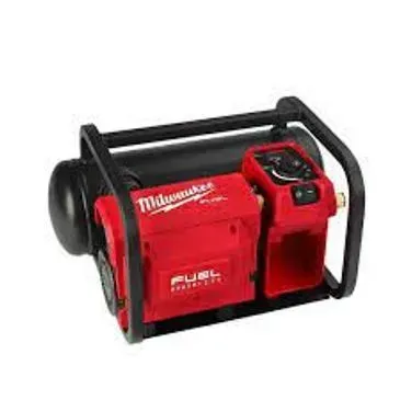Red Milwaukee FUEL cordless air compressor. Black protective frame and tank.