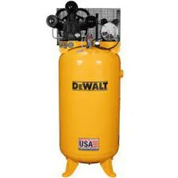 Yellow DeWalt air compressor, tall vertical tank, black motor on top, USA flag logo.