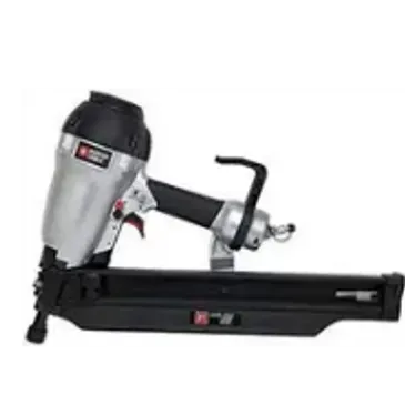 Silver and black pneumatic nailer.