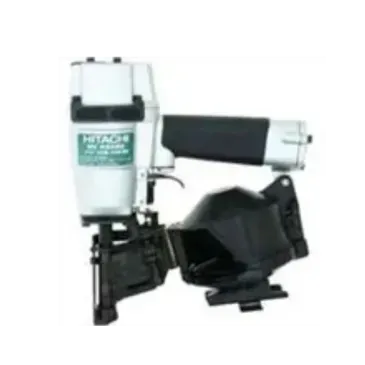 Hitachi pneumatic roofing nailer, silver and black, with nail magazine.