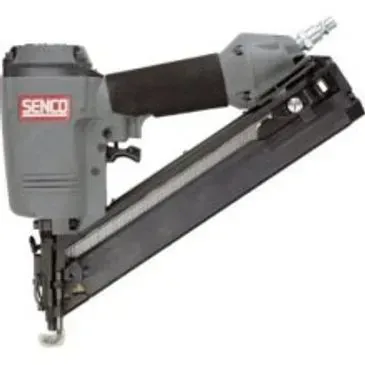 A gray SENCO pneumatic framing nailer with a black handle and magazine, set against a white background.