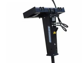 Black hydraulic hammer attachment for heavy equipment.