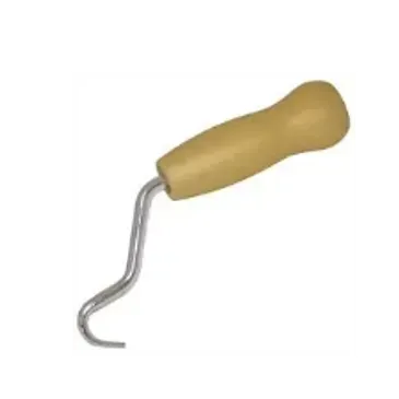 A tool with a wooden handle and a curved metal hook used for pulling.