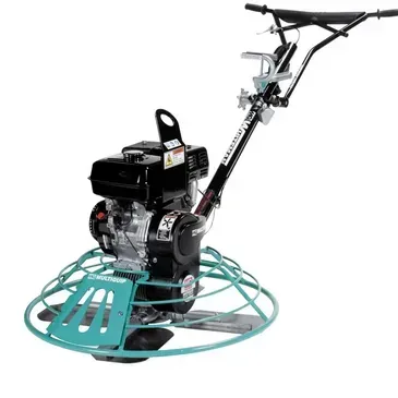 A concrete power trowel with a black engine and teal safety cage, used for smoothing concrete.