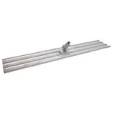 Metal concrete finishing tool, silver, with handle, for smoothing concrete.