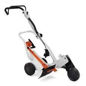 A white and orange electric lawn edger with three wheels and a handle.
