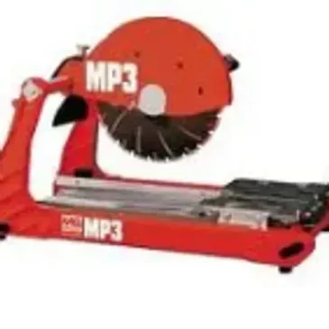 Red MP3 tile saw with a circular blade, for cutting tile.