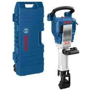A blue Bosch jackhammer and its carrying case.