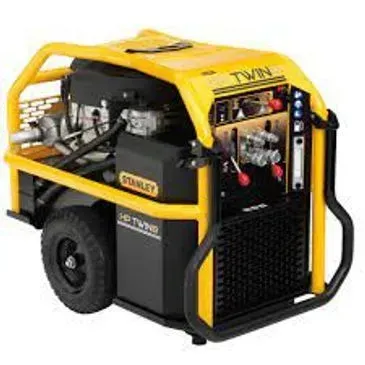 Yellow and black Stanley HD Twin hydraulic power unit with protective frame, wheels, and control panel.