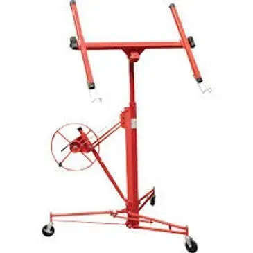 Red drywall lift on wheels, used for raising and holding drywall sheets during installation.