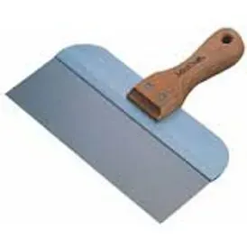 A large, metal drywall knife with a wooden handle, likely for applying joint compound.