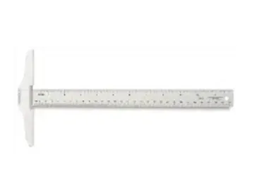 T-square measuring tool, white, with a ruler and perpendicular head, used for drawing straight lines.