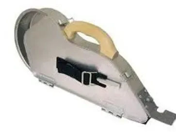 Metal drywall taping tool with a yellow handle and black strap.