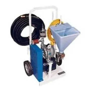 Blue and white mortar spray machine with a hose and hopper on a cart.