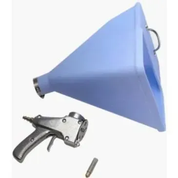 Blue veterinary dose syringe and funnel.