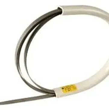 Flexible steel band with white protective coating, coiled.