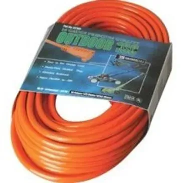 Orange extension cord in packaging for outdoor use.