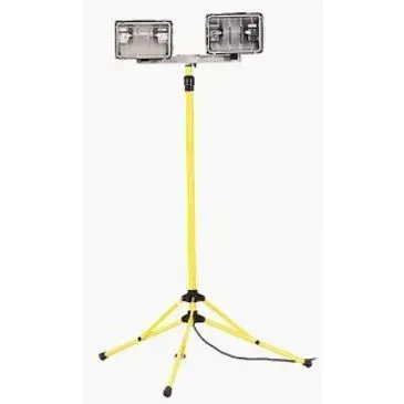 Yellow tripod work light with two lamps.